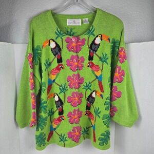 Jane's Closet Knit Cardigan XL Tropical Toucan Parrot‎ Beaded Grannycore Vtg 90s